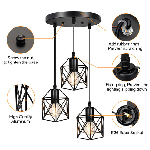 Maxvolador Industrial 3-Light Pendant Lighting, Adjustable Hanging Light Fixtures, Vintage Farmhouse Pendant Light with Metal Caged E26 Base for Kitchen Island Dining Room Living Room, Black，Detailed description