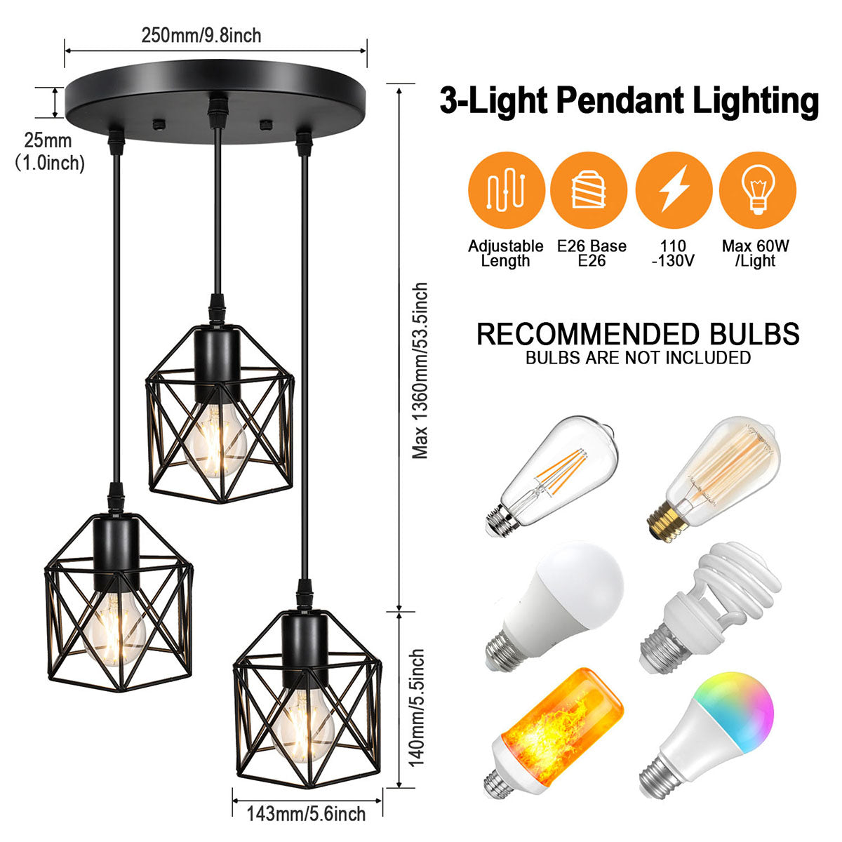 Maxvolador Industrial 3-Light Pendant Lighting, Adjustable Hanging Light Fixtures, Vintage Farmhouse Pendant Light with Metal Caged E26 Base for Kitchen Island Dining Room Living Room, Black，Standard size