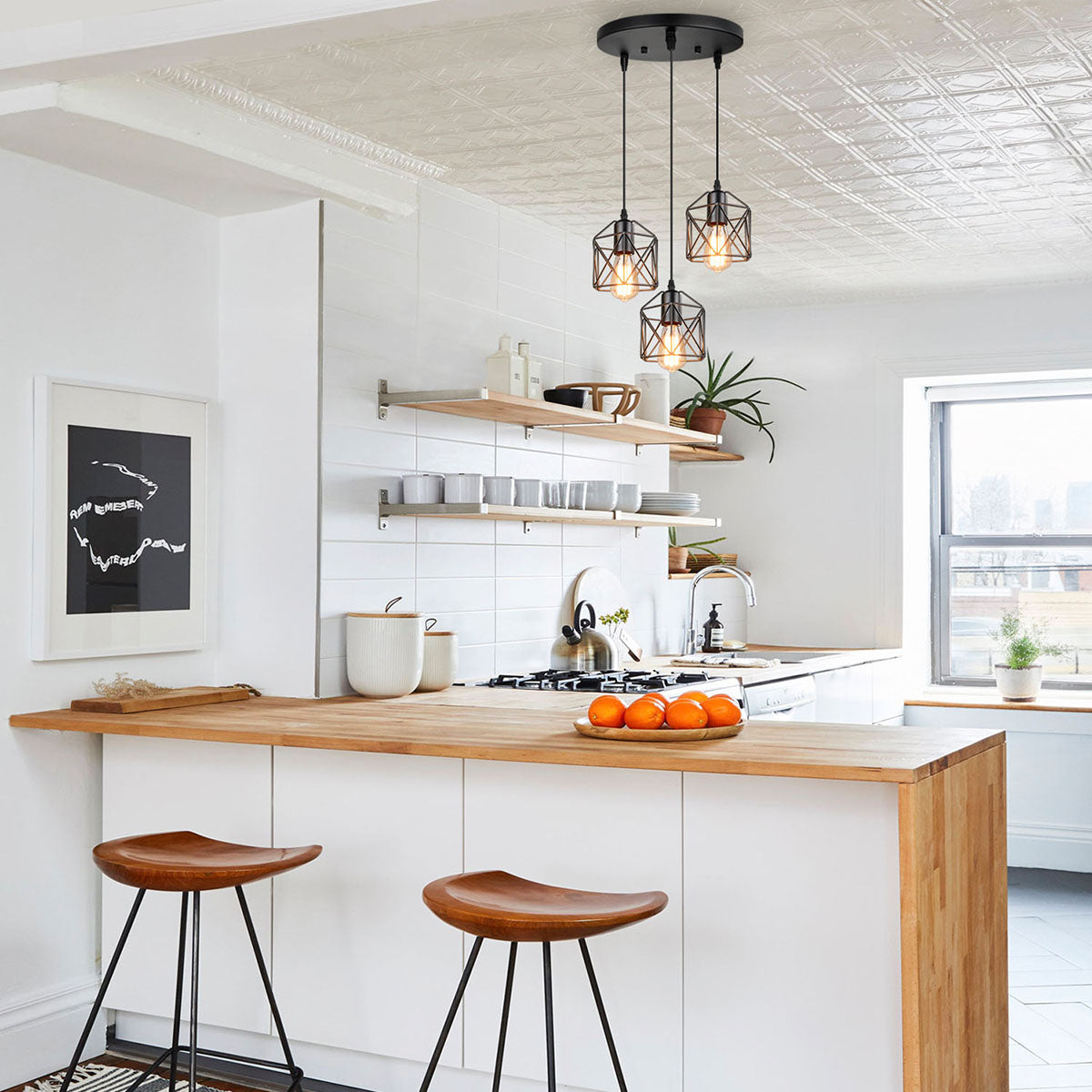 Maxvolador Industrial 3-Light Pendant Lighting, Adjustable Hanging Light Fixtures, Vintage Farmhouse Pendant Light with Metal Caged E26 Base for Kitchen Island Dining Room , Black