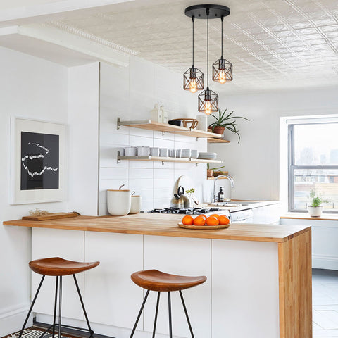 Maxvolador Industrial 3-Light Pendant Lighting, Adjustable Hanging Light Fixtures, Vintage Farmhouse Pendant Light with Metal Caged E26 Base for Kitchen Island Dining Room , Black