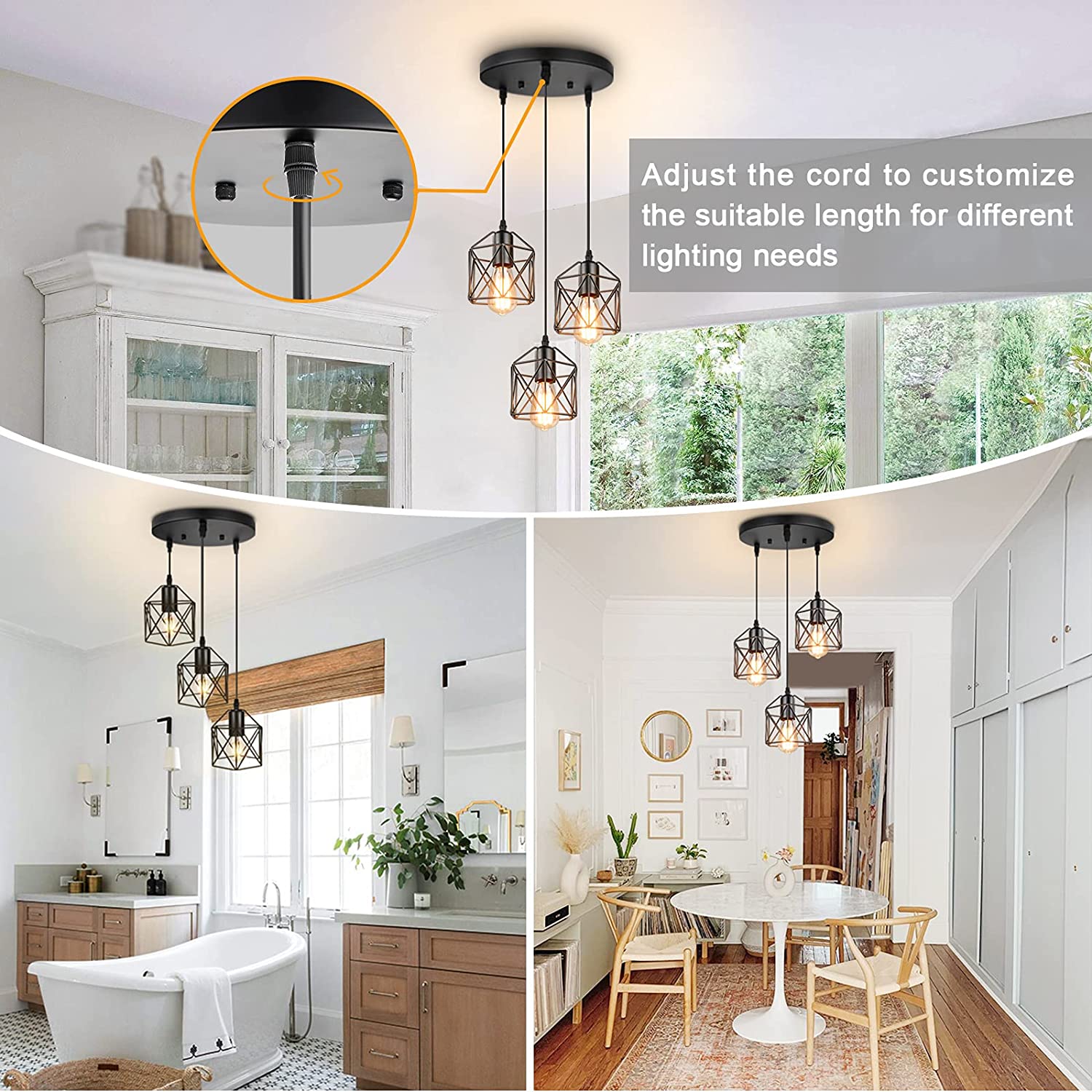 Maxvolador Industrial 3-Light Pendant Lighting,  Vintage Farmhouse Pendant Light with Metal Caged E26 Base for  Dining Room Hallway, Black,Adjust the cord to customize the suitable length for different lighting needs
