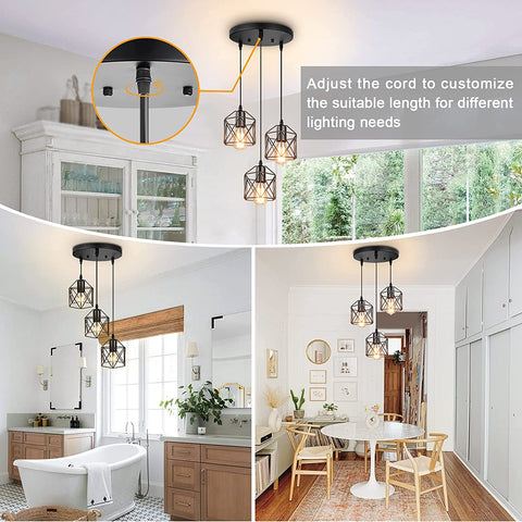 Maxvolador Industrial 3-Light Pendant Lighting,  Vintage Farmhouse Pendant Light with Metal Caged E26 Base for  Dining Room Hallway, Black,Adjust the cord to customize the suitable length for different lighting needs