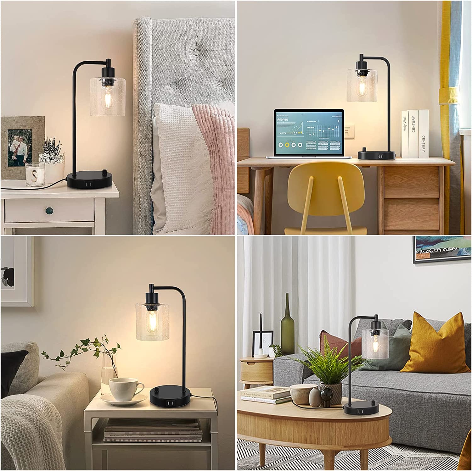 Maxvolador Industrial Desk Lamp with 2 USB Ports, Fully Stepless Dimmable Retro Bedside Table Lamp, Glass Shade Reading Light for Living Room study, 6W 2700K LED Bulb Included
