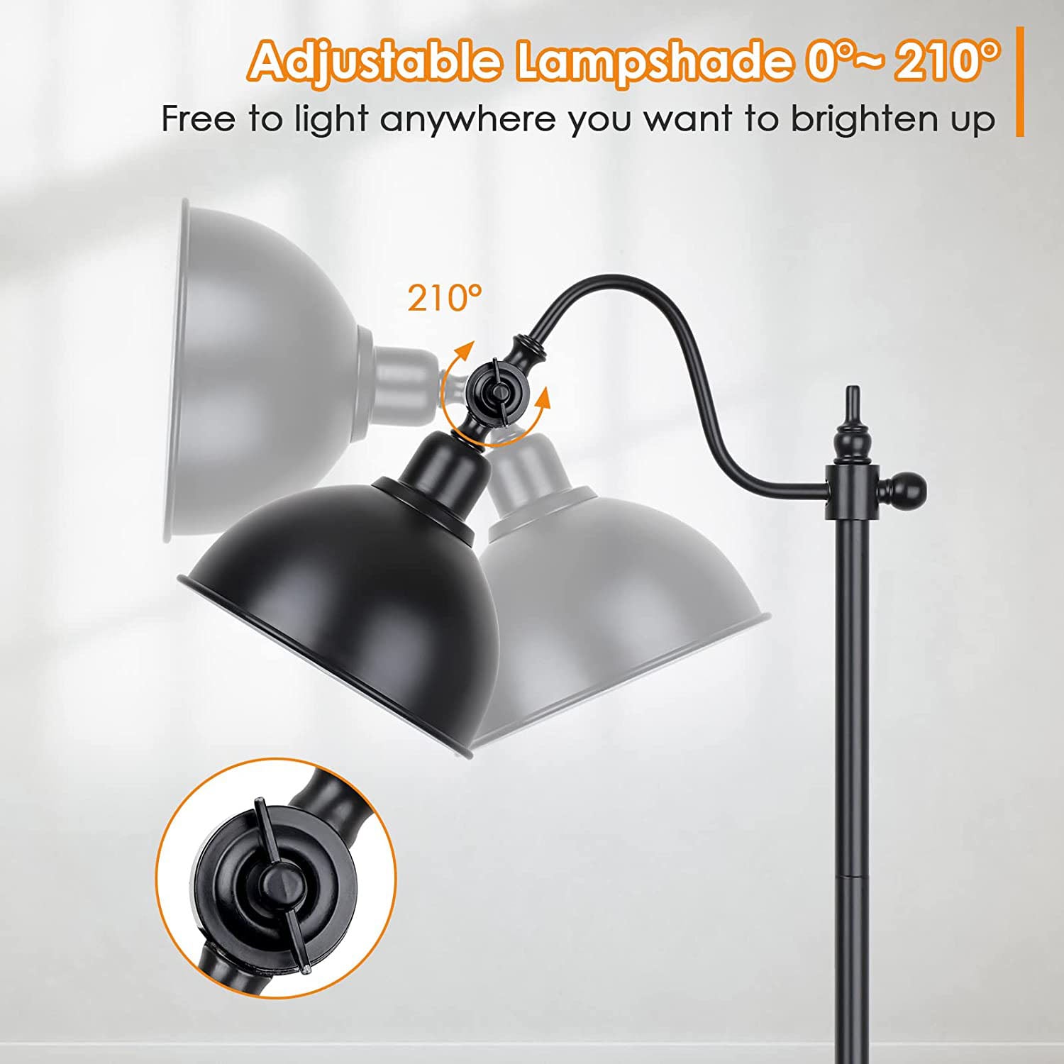 Maxvolador Industrial Floor Lamp,63 Inch LED Standing Lamp Modern with 11W LED Bulb,Adjustable Metal Heads,Foot Switch,Metal Tall Lamps for Living Room,Bedroom,Office,Vintage Stand Up Light，Adjustable Lampshade 0°-210°