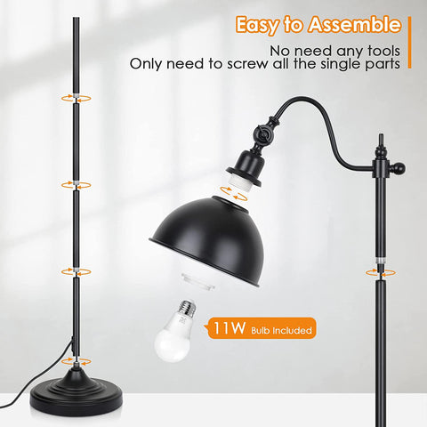 Maxvolador Industrial Floor Lamp,63 Inch LED Standing Lamp Modern with 11W LED Bulb,Adjustable Metal Heads,Foot Switch,Metal Tall Lamps for Living Room,Bedroom,Office,Vintage Stand Up Light，Easy to Assemble