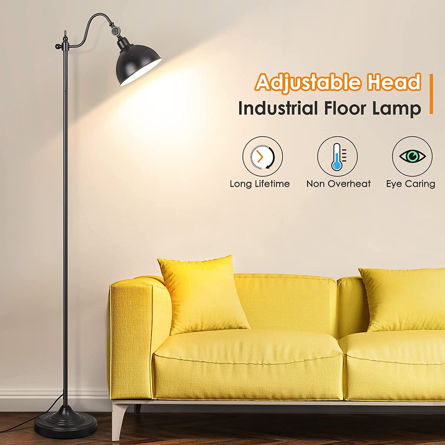 Maxvolador Industrial Floor Lamp,63 Inch LED Standing Lamp Modern with 11W LED Bulb,Adjustable Metal Heads,Foot Switch,Metal Tall Lamps for Living Room,Bedroom,Vintage Stand Up Light