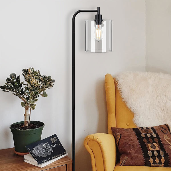 Maxvolador Industrial Floor Lamp, Modern Standing Lamps with Hanging Clear Glass Shade, Classic Reading Tall Pole Light for Living Room Bedroom Office Study Room , Black