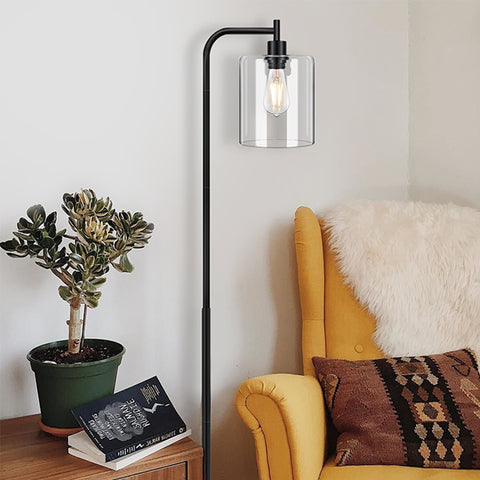 Maxvolador Industrial Floor Lamp, Modern Standing Lamps with Hanging Clear Glass Shade, Classic Reading Tall Pole Light for Living Room Bedroom Office Study Room , Black
