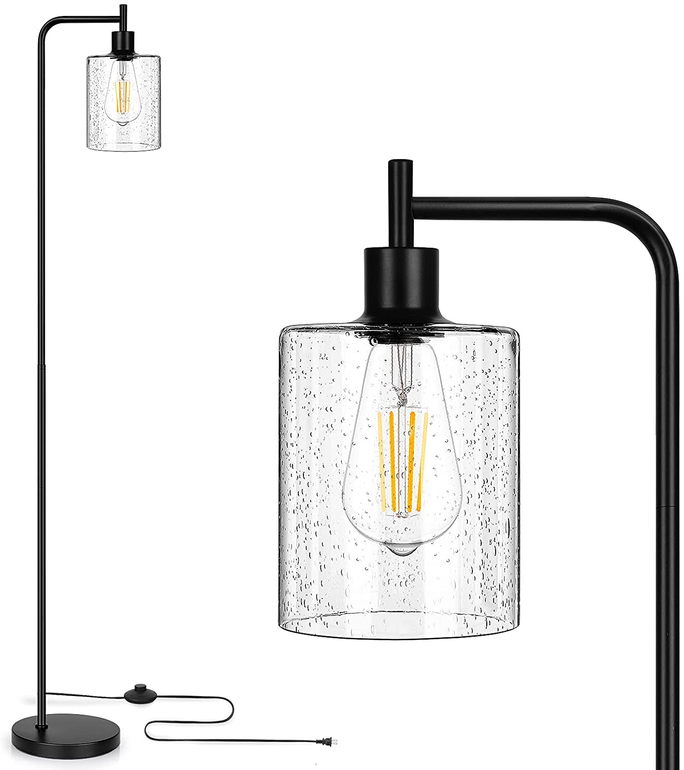 Maxvolador Industrial Floor Lamp, Modern Standing Lamps with Hanging Seeded Glass Shade, Classic Reading Tall Pole Light for Living Room Bedroom Office Study Room Farmhouse, Black