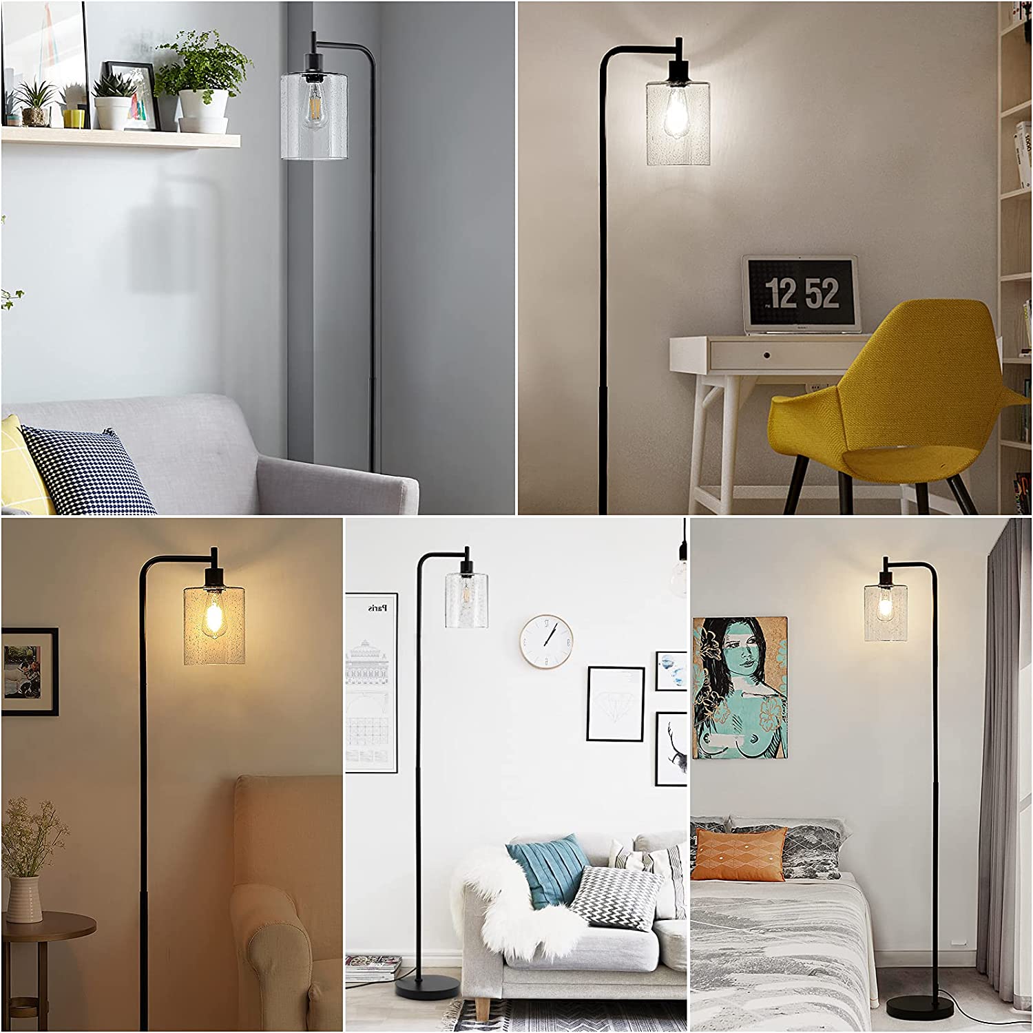 Maxvolador Industrial Floor Lamp, Modern Standing Lamps with Hanging Seeded Glass Shade, Classic Reading Tall Pole Light for Living Room Bedroom Office Study Room , Black