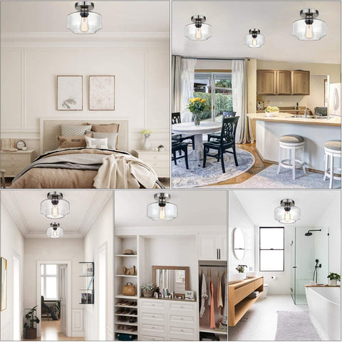 Maxvolador Industrial Semi Flush Mount Ceiling Light Brushed Nickel, Clear Glass Pendant Lamp Shade, Farmhouse Lighting for Bedroom Hallway Living Room, Vintage Hanging Light Fixtures Bulb Not Included