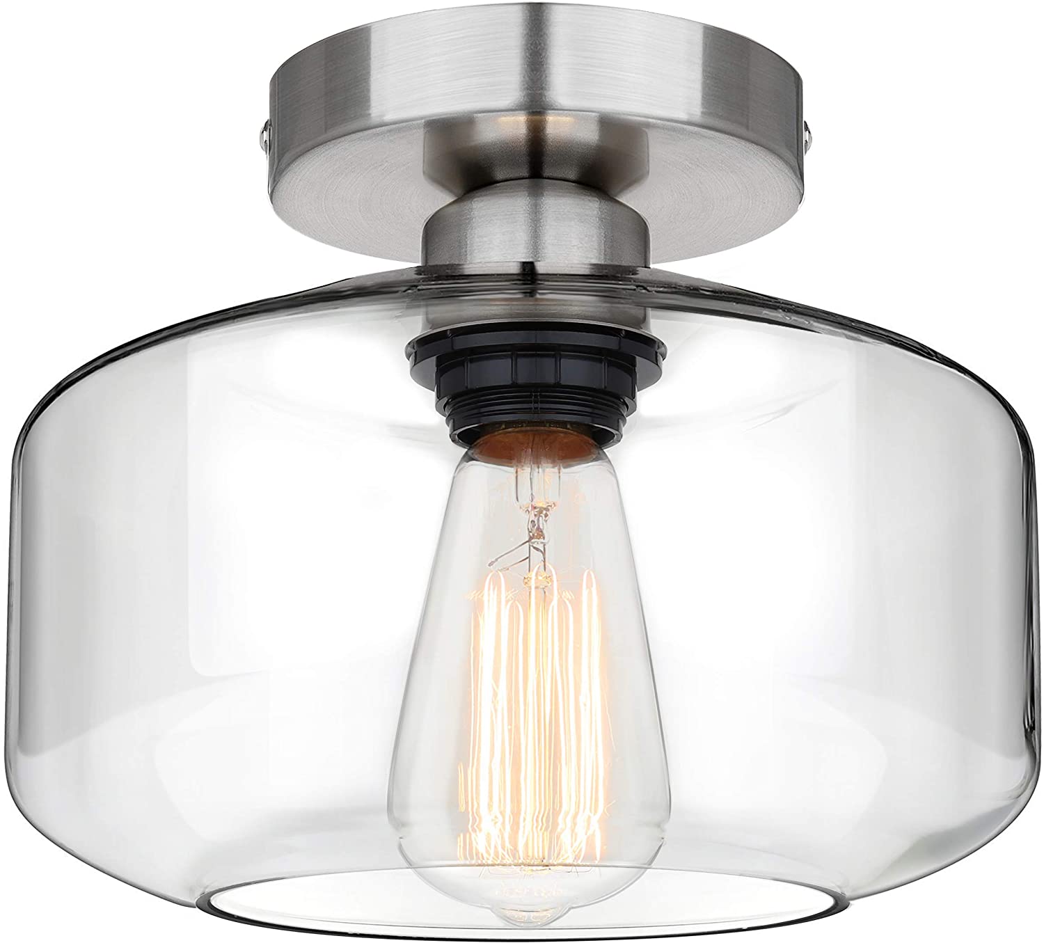 Maxvolador Industrial Semi Flush Mount Ceiling Light Brushed Nickel, Clear Glass Pendant Lamp Shade, Farmhouse Lighting for Bedroom Hallway, Vintage Hanging Light Fixtures Bulb Not Included