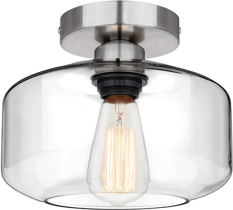 Maxvolador Industrial Semi Flush Mount Ceiling Light Brushed Nickel, Clear Glass Pendant Lamp Shade, Farmhouse Lighting for Bedroom Hallway, Vintage Hanging Light Fixtures Bulb Not Included