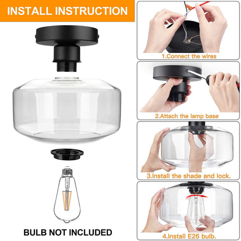Maxvolador Industrial Semi Flush Mount Ceiling Light, Clear Glass Pendant Lamp Shade, Farmhouse Lighting for Porch Hallway Kitchen Bedroom, Vintage Hanging Light Fixtures, Bulb Not Included，Install instruction