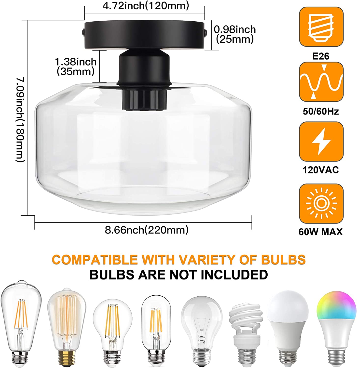 Maxvolador Industrial Semi Flush Mount Ceiling Light, Clear Glass Pendant Lamp Shade, Farmhouse Lighting for Porch Hallway Kitchen Bedroom, Vintage Hanging Light Fixtures, Bulb Not Included，Standard size