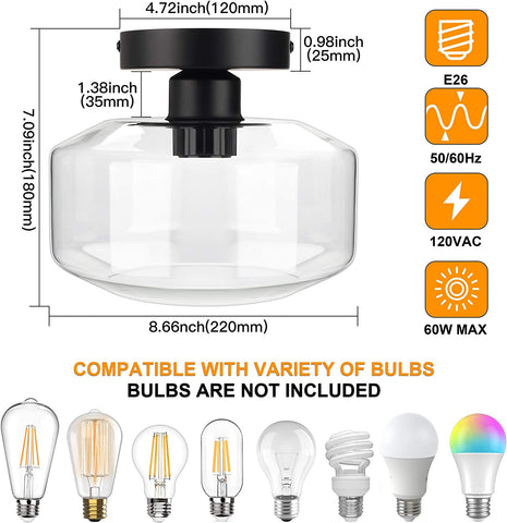 Maxvolador Industrial Semi Flush Mount Ceiling Light, Clear Glass Pendant Lamp Shade, Farmhouse Lighting for Porch Hallway Kitchen Bedroom, Vintage Hanging Light Fixtures, Bulb Not Included，Standard size