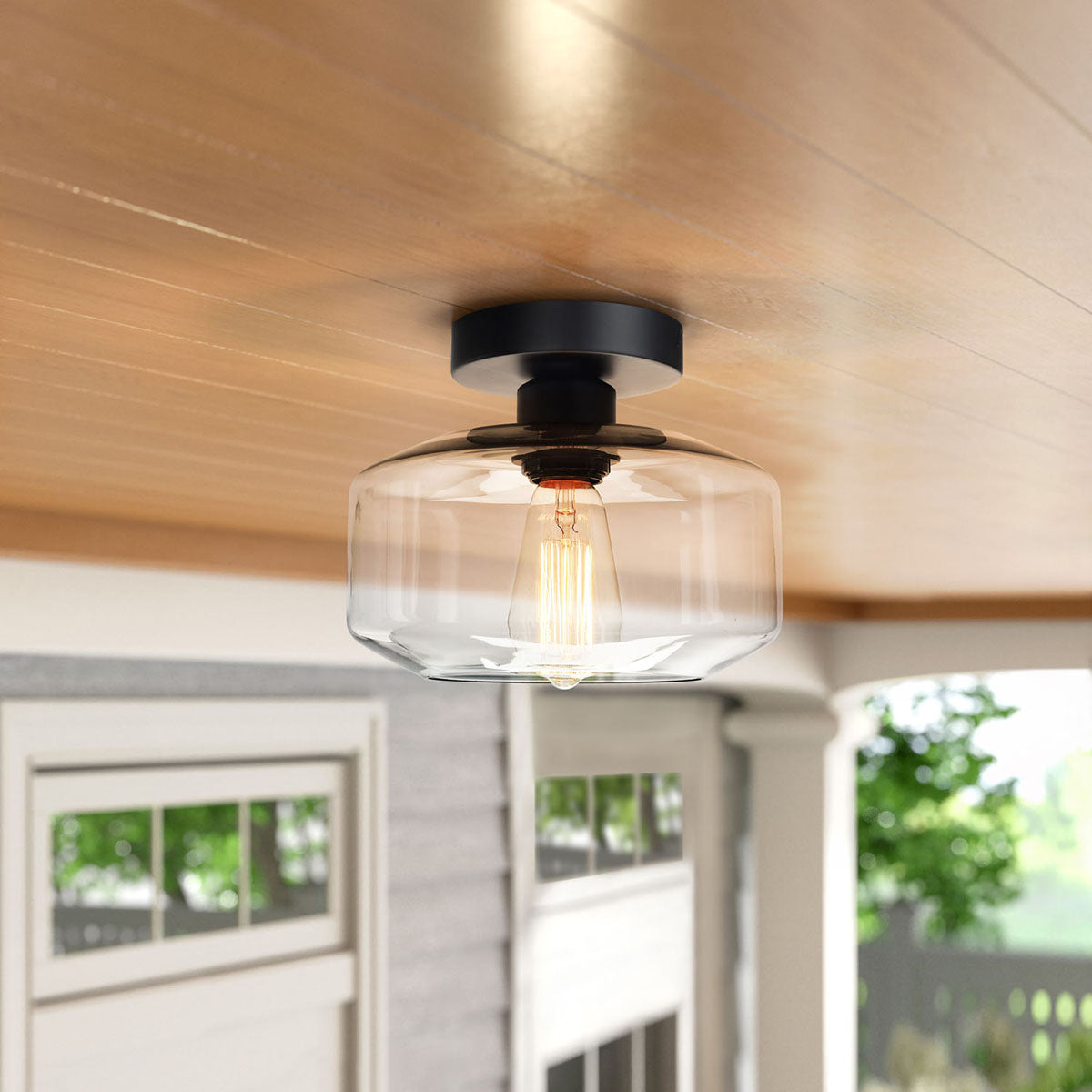 Maxvolador Industrial Semi Flush Mount Ceiling Light, Clear Glass Pendant Lamp Shade, Farmhouse Lighting for Porch Hallway Kitchen Living Room, Vintage Hanging Light Fixtures, Bulb Not Included