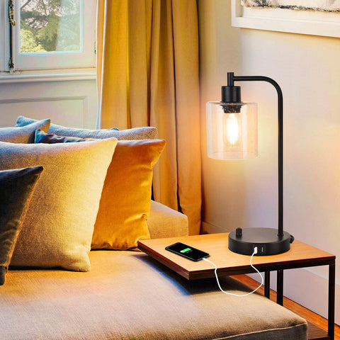 Maxvolador Industrial Table Lamp with 2 USB Ports,Fully Stepless Dimmable Vintage Nightstand Desk Lamp, Seeded Glass Shade Bedside Reading Lamp for Bedroom Living Room,6W 2700K LED Bulb Included