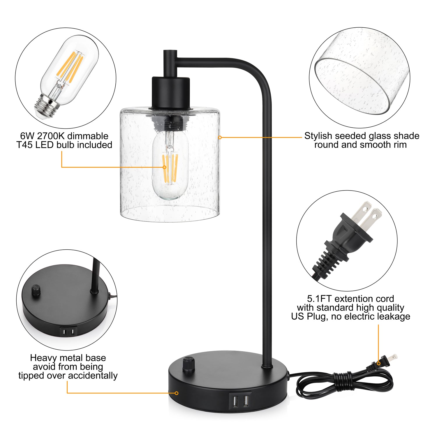 Maxvolador Industrial Table Lamp with 2 USB Ports,Fully Stepless Dimmable Vintage Nightstand Desk Lamp, Seeded Glass Shade Bedside Reading Lamp for Bedroom,6W 2700K LED Bulb Included，Detailed description