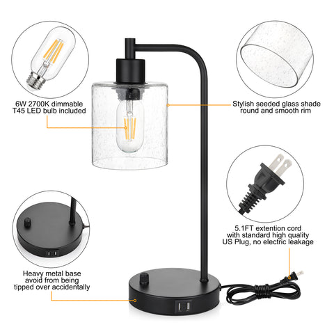 Maxvolador Industrial Table Lamp with 2 USB Ports,Fully Stepless Dimmable Vintage Nightstand Desk Lamp, Seeded Glass Shade Bedside Reading Lamp for Bedroom,6W 2700K LED Bulb Included，Detailed description