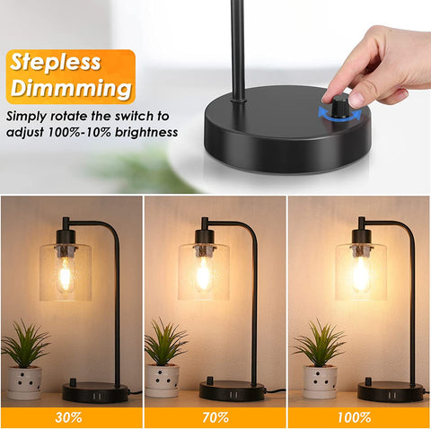 Maxvolador Industrial Table Lamp with 2 USB Ports,Fully Stepless Dimmable Vintage Nightstand Desk Lamp, Seeded Glass Shade Bedside Reading Lamp for Bedroom,6W 2700K LED Bulb Included，Stepless Dimming