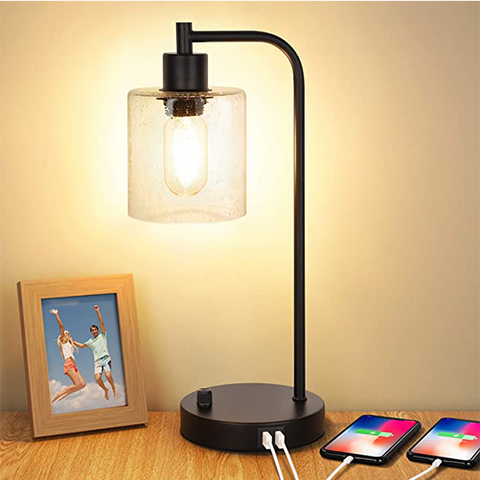 Maxvolador Industrial Table Lamp with 2 USB Ports,Fully Stepless Dimmable Vintage Nightstand Desk Lamp, Seeded Glass Shade Bedside Reading Lamp for Bedroom,6W 2700K LED Bulb Included