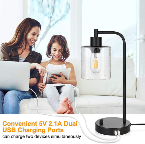 Maxvolador Industrial Table Lamp with 2 USB Ports,Fully Stepless Dimmable Vintage Nightstand Desk Lamp, Seeded Glass Shade Bedside Reading Lamp for Living Room Bedroom,6W 2700K LED Bulb Included