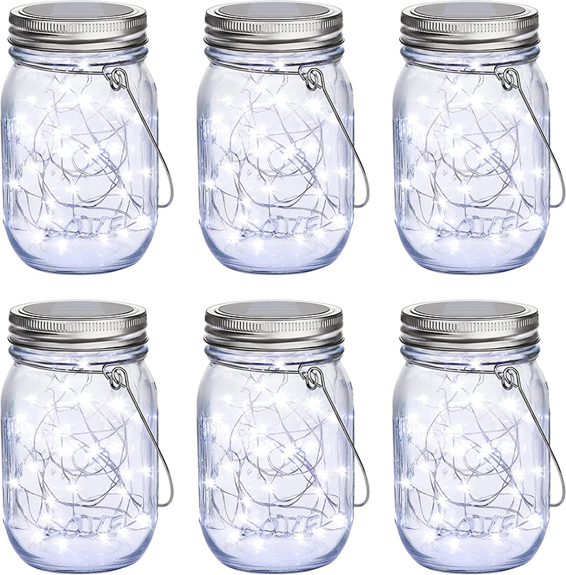 Maxvolador Mason Jar Solar Lights 30 LEDs, 6 Pack Hanging Solar Lights Outdoor, Waterproof Fairy Lights Solar Lanterns for Patio Garden, Hangers and Jars Included- Cool White