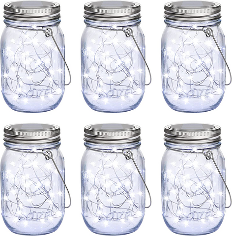 Maxvolador Mason Jar Solar Lights 30 LEDs, 6 Pack Hanging Solar Lights Outdoor, Waterproof Fairy Lights Solar Lanterns for Patio Garden, Hangers and Jars Included- Cool White