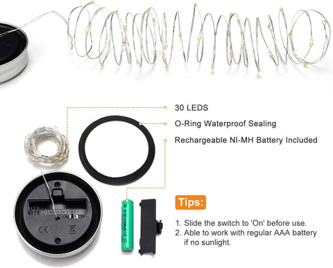 Maxvolador Mason Jar Solar Lights 30 LEDs, 6 Pack Hanging Solar Lights Outdoor, Waterproof Fairy Lights Solar Lanterns for Patio Garden, Hangers and Jars Included- Warm White，Detailed Description