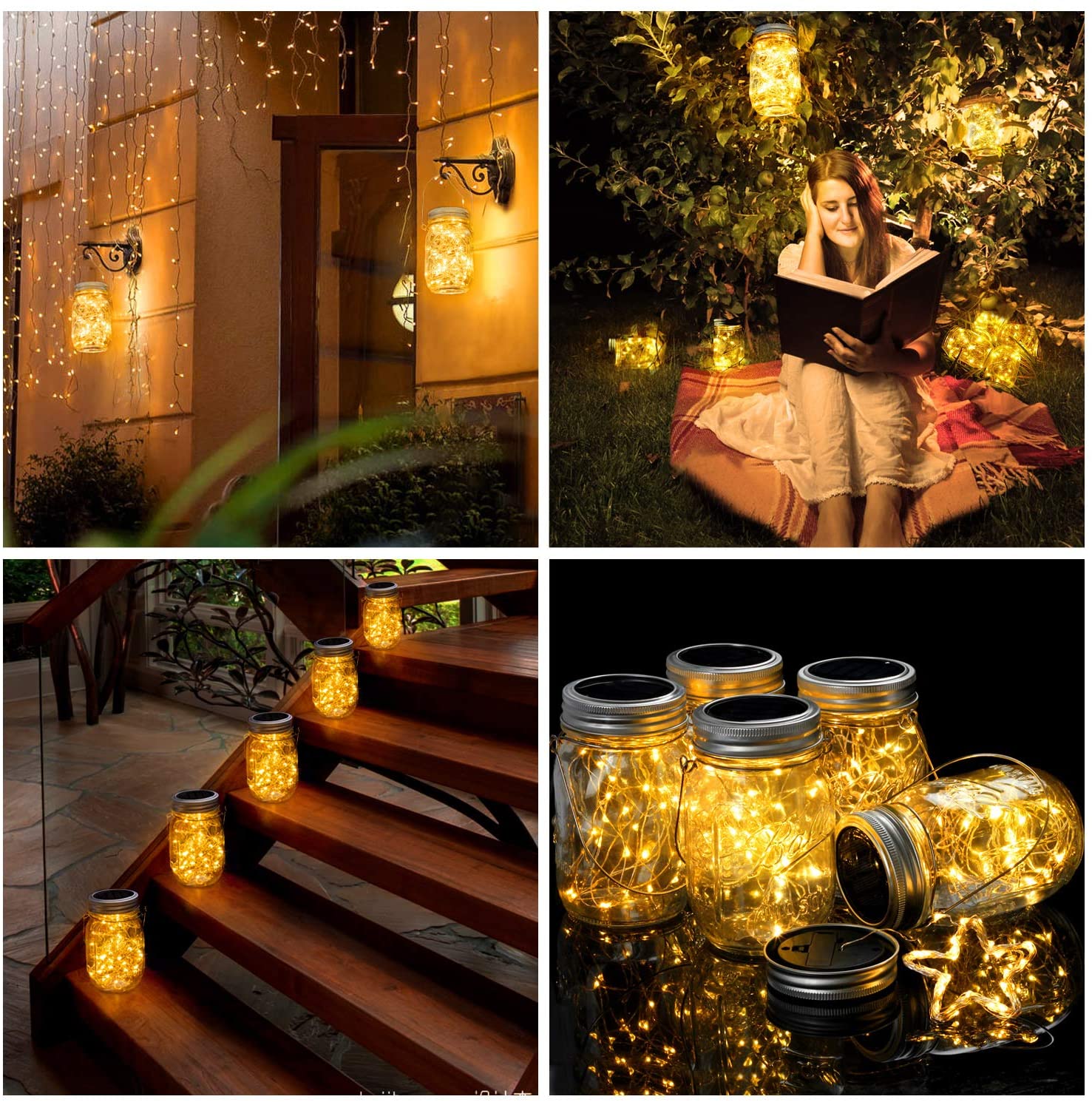 Maxvolador Mason Jar Solar Lights 30 LEDs, 6 Pack Hanging Solar Lights Outdoor, Waterproof Fairy Lights Solar Lanterns for Patio Garden stairs, Hangers and Jars Included- Warm White 