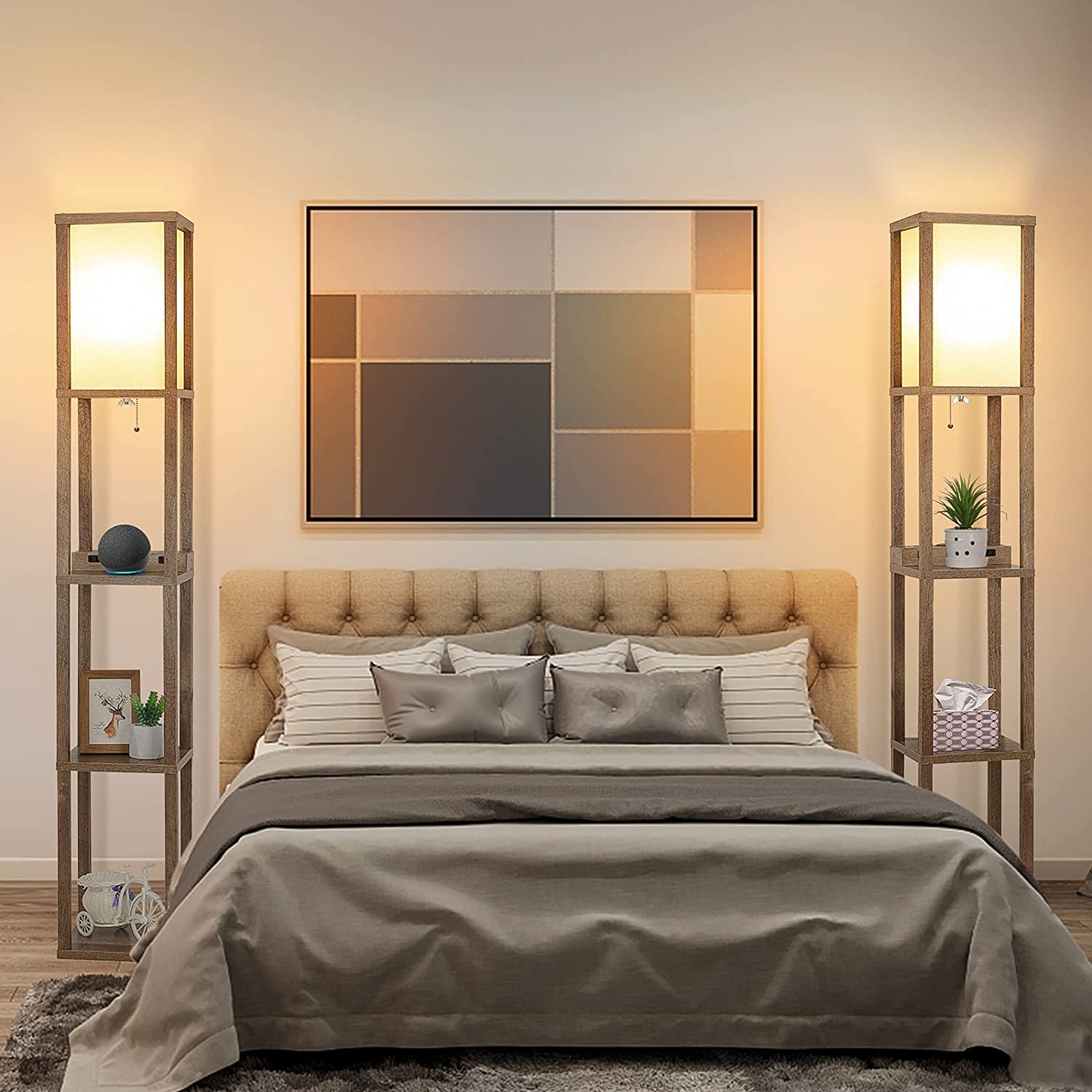 Maxvolador Modern LED Shelf Floor Lamp with Wireless Charger & 2 Fast Charging USB Ports & 2 Power Outlets, 3 Tier Storage Display Standing Lamp Narrow Corner Nightstand Light for Bedroom(Wooden)