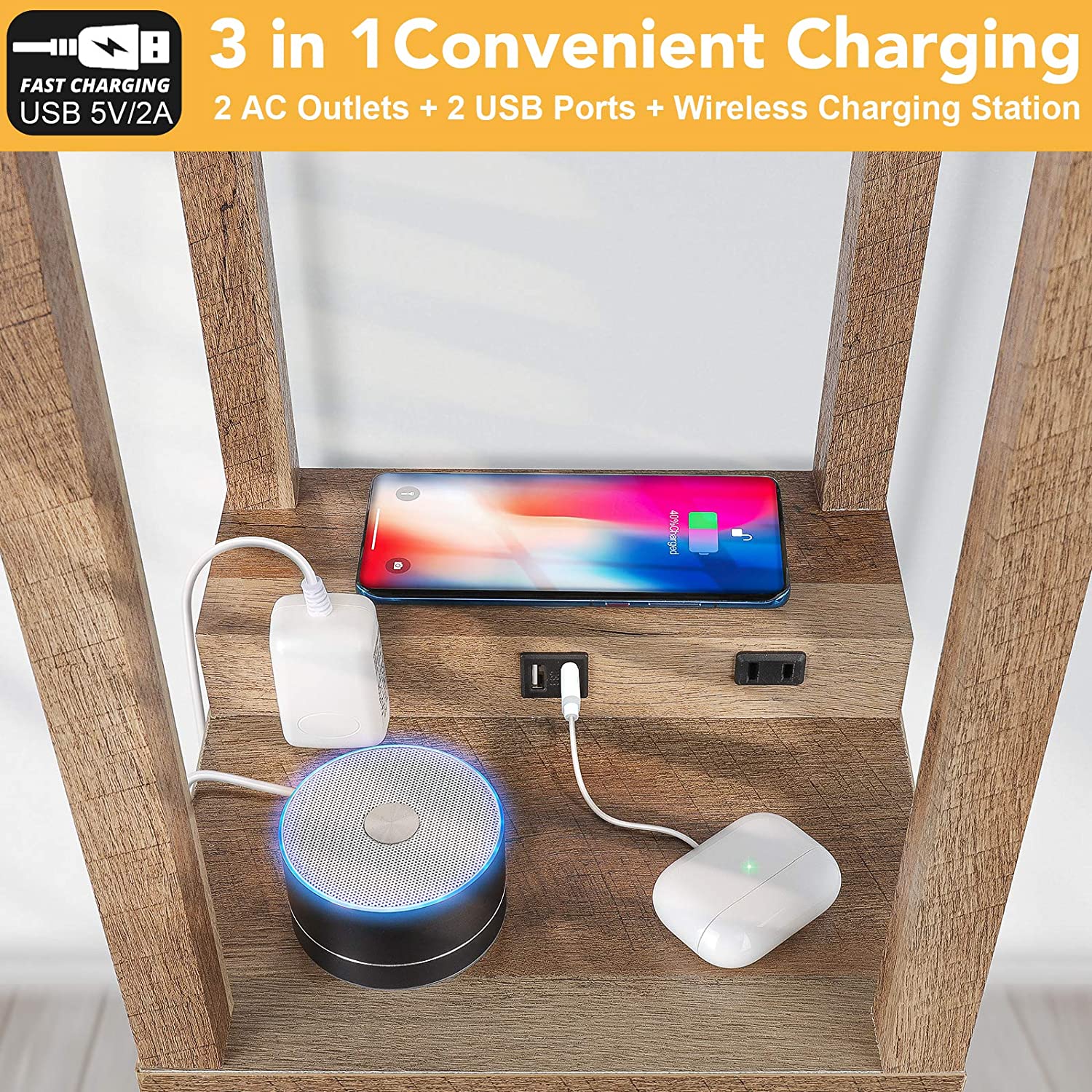 Maxvolador Modern LED Shelf Floor Lamp with Wireless Charger & 2 Fast Charging USB Ports & 2 Power Outlets, 3 Tier Storage Display Standing Lamp Narrow Corner Nightstand Light for Bedroom(Wooden) 3 in1 Convenient Charging