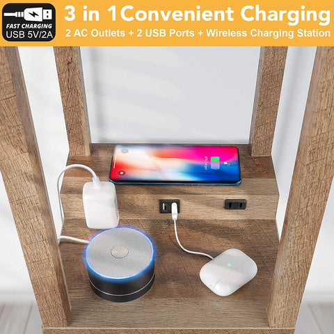 Maxvolador Modern LED Shelf Floor Lamp with Wireless Charger & 2 Fast Charging USB Ports & 2 Power Outlets, 3 Tier Storage Display Standing Lamp Narrow Corner Nightstand Light for Bedroom(Wooden) 3 in1 Convenient Charging