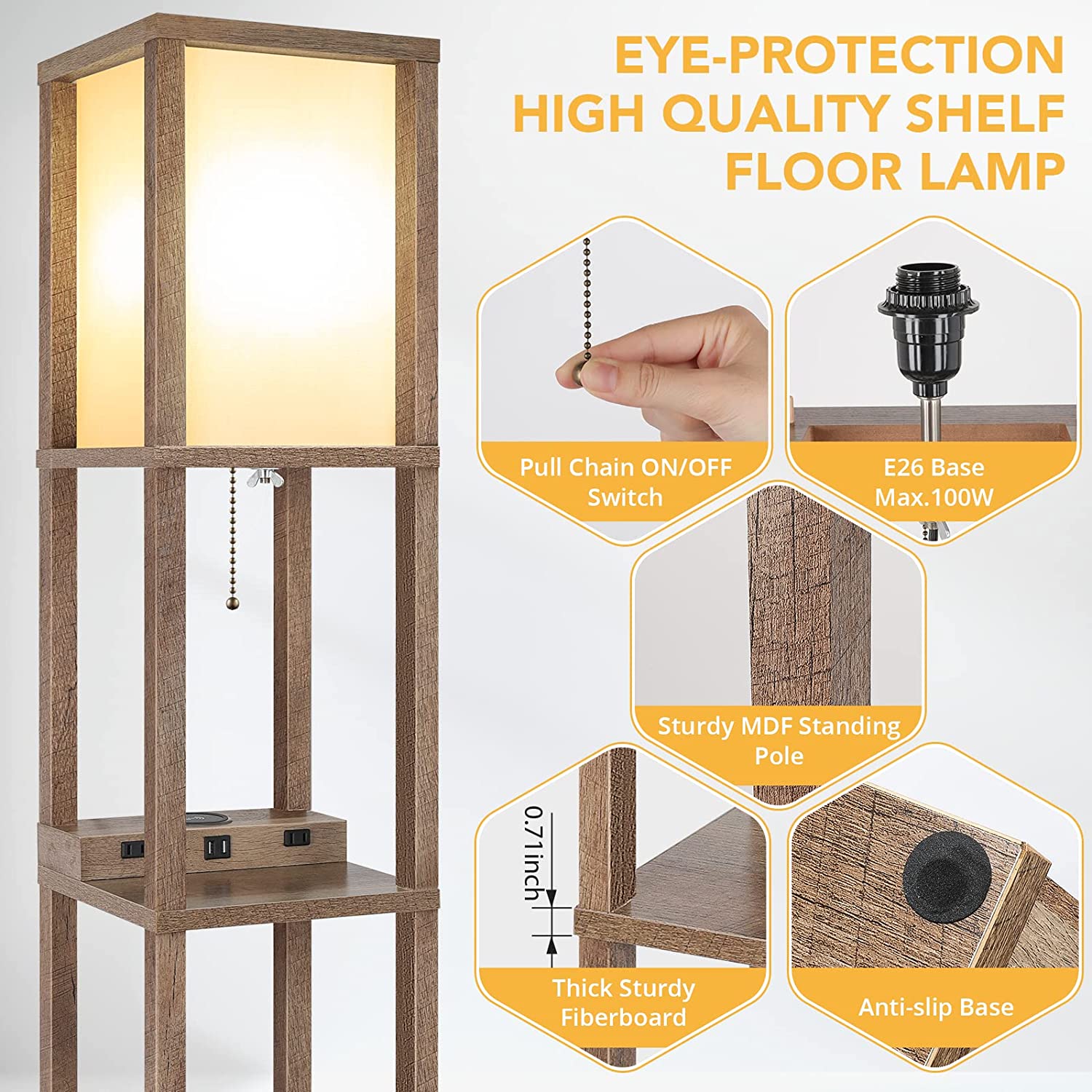 Maxvolador Modern LED Shelf Floor Lamp with Wireless Charger & 2 Fast Charging USB Ports & 2 Power Outlets, 3 Tier Storage Display Standing Lamp Narrow Corner Nightstand Light for Bedroom(Wooden) Detailed description