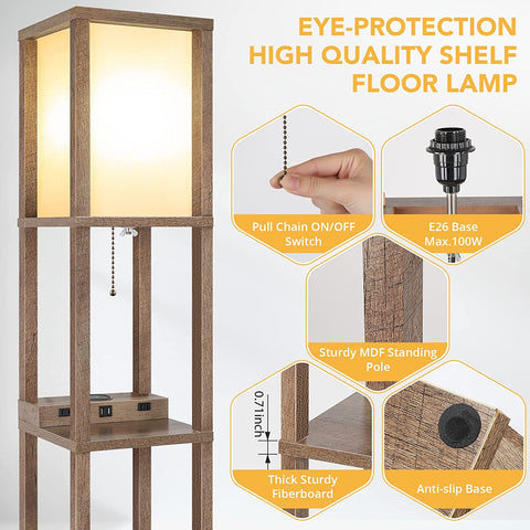 Maxvolador Modern LED Shelf Floor Lamp with Wireless Charger & 2 Fast Charging USB Ports & 2 Power Outlets, 3 Tier Storage Display Standing Lamp Narrow Corner Nightstand Light for Bedroom(Wooden) Detailed description