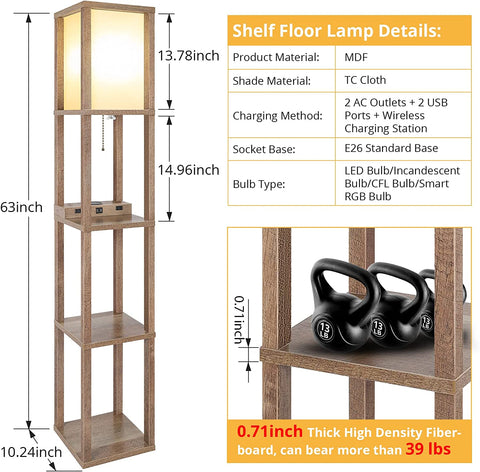 Maxvolador Modern LED Shelf Floor Lamp with Wireless Charger & 2 Fast Charging USB Ports & 2 Power Outlets, 3 Tier Storage Display Standing Lamp Narrow Corner Nightstand Light for Bedroom(Wooden) Standard size