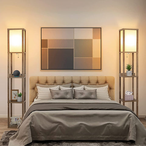 Maxvolador Modern LED Shelf Floor Lamp with Wireless Charger & 2 Fast Charging USB Ports & 2 Power Outlets, 3 Tier Storage Display Standing Lamp Narrow Corner Nightstand Light for Bedroom(Wooden)