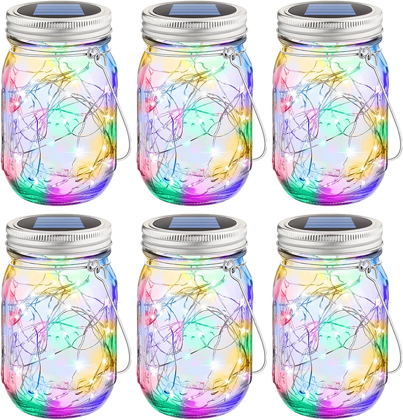 Maxvolador Multicolor RGB Mason Jar Solar Lights 30 LEDs, 6 Pack Hanging Solar Lights Outdoor, Waterproof Fairy Lights Solar Lanterns for Patio Garden, Hangers and Jars Included