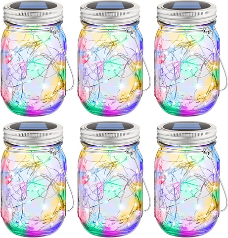 Maxvolador Multicolor RGB Mason Jar Solar Lights 30 LEDs, 6 Pack Hanging Solar Lights Outdoor, Waterproof Fairy Lights Solar Lanterns for Patio Garden, Hangers and Jars Included