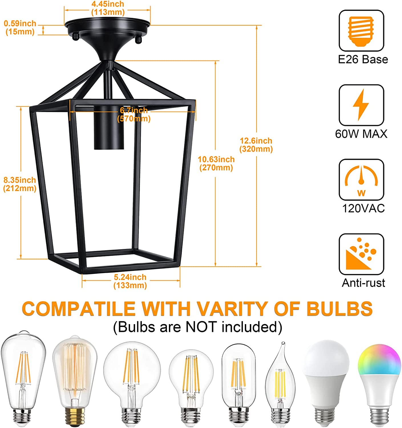 Maxvolador Semi-Flush Mount Ceiling Lights, Black Industrial Ceiling Light Fixtures, E26 Base Farmhouse Lighting for Porch Hallway Stairway Garage Laundry Room, 2 Packs，Standard size