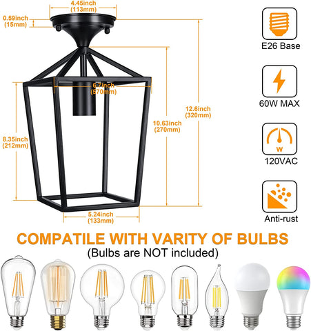 Maxvolador Semi-Flush Mount Ceiling Lights, Black Industrial Ceiling Light Fixtures, E26 Base Farmhouse Lighting for Porch Hallway Stairway Garage Laundry Room, 2 Packs，Standard size