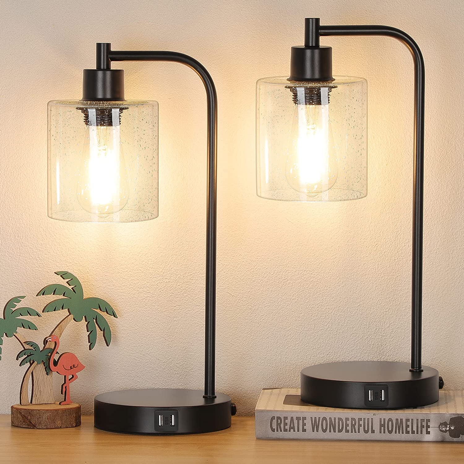 Maxvolador Set of 2 Industrial Table Lamp, 3 Way Dimmable Touch Control Nightstand Lamps with USB Charging Ports, Seeded Glass Lampshade, 2700K LED Bulbs for Livingroom Bedroom Office
