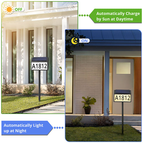 Maxvolador Solar Address Sign Lighted House Numbers Waterproof, Solar Powered LED Illuminated Address Plaques with Stakes, 3-Color in 1 Outdoor Address Number for Home Street Yard Driveway，Automatically Charge by sun at daytime