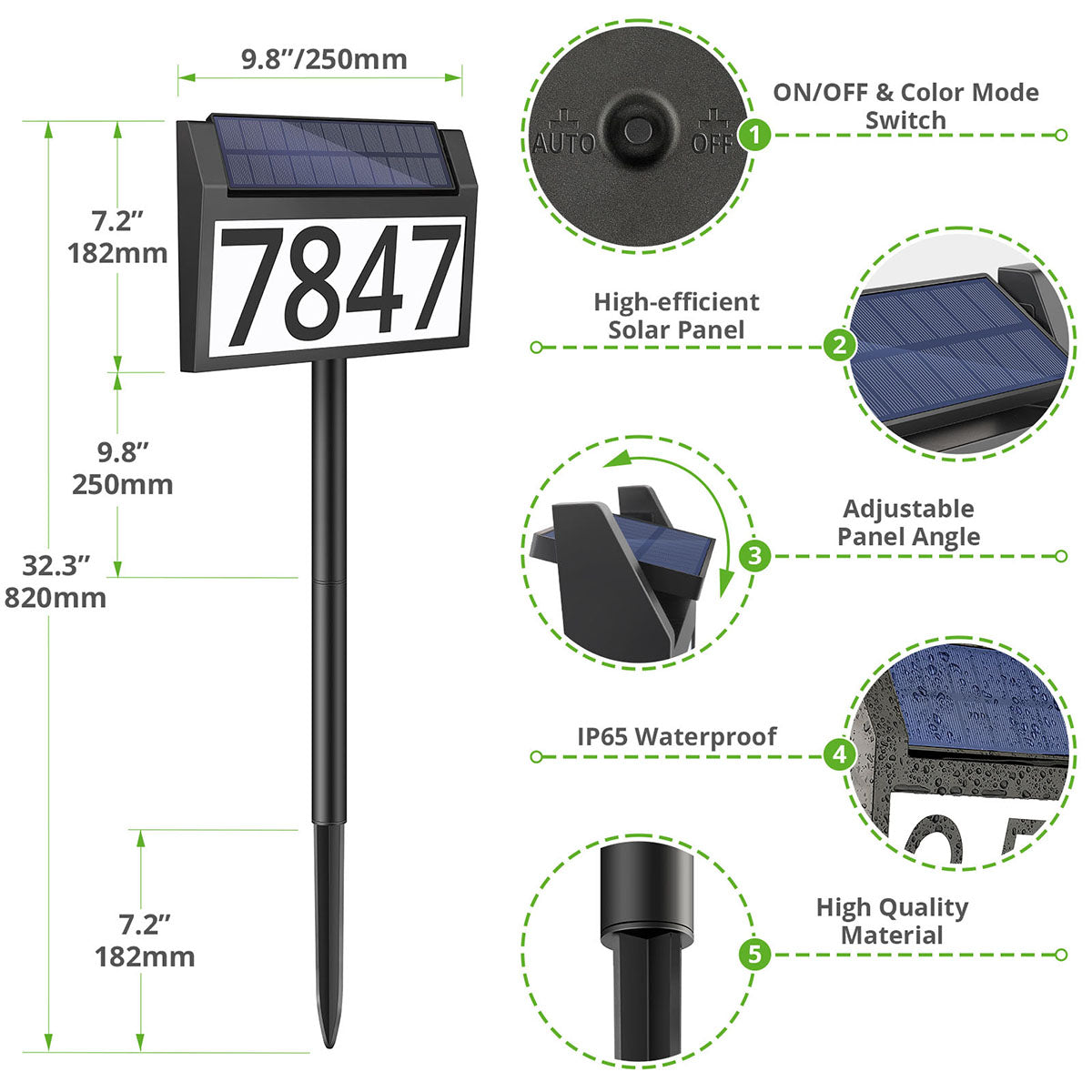 Maxvolador Solar Address Sign Lighted House Numbers Waterproof, Solar Powered LED Illuminated Address Plaques with Stakes, 3-Color in 1 Outdoor Address Number for Home Street Yard Driveway，Standard size