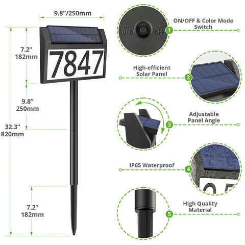 Maxvolador Solar Address Sign Lighted House Numbers Waterproof, Solar Powered LED Illuminated Address Plaques with Stakes, 3-Color in 1 Outdoor Address Number for Home Street Yard Driveway，Standard size
