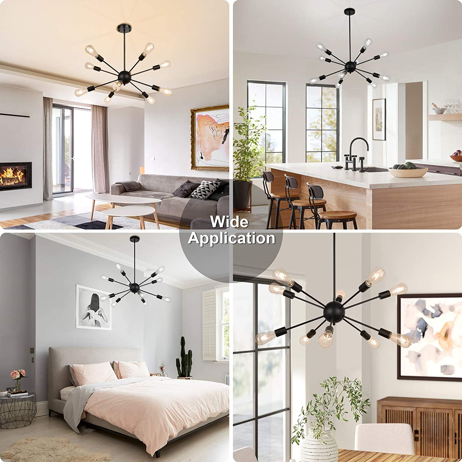 Maxvolador Sputnik Chandeliers 10-Light, Modern Pendant Lighting, Metal Ceiling Light Fixture Adjustable Height, Industrial Vintage Hanging Pendant Light for Kitchen Island Dining Room Bedroom Living Room，Black