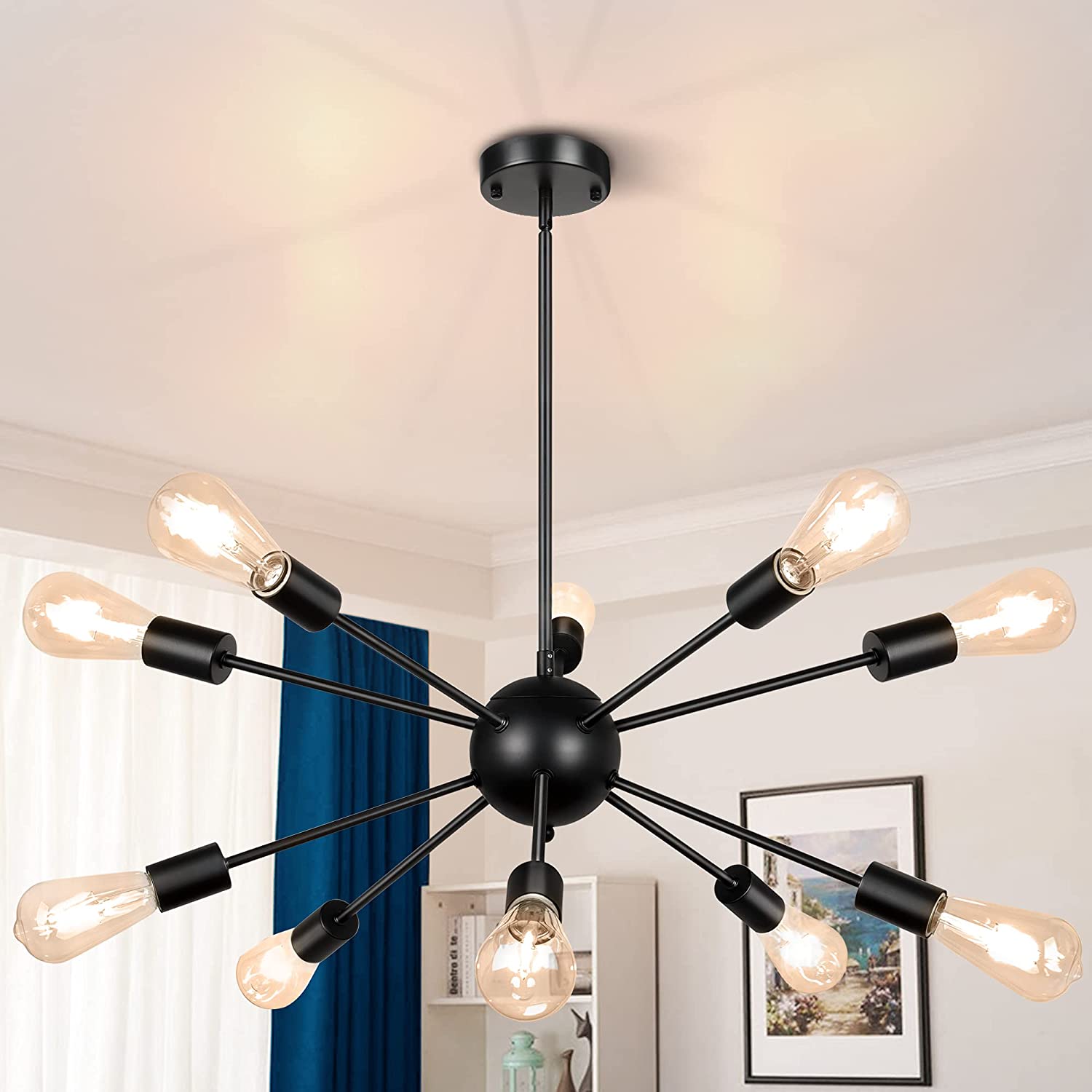 Maxvolador Sputnik Chandeliers 10-Light, Modern Pendant Lighting, Metal Ceiling Light Fixture Adjustable Height, Industrial Vintage Hanging Pendant Light for Kitchen Island Dining Room Hallway, Black