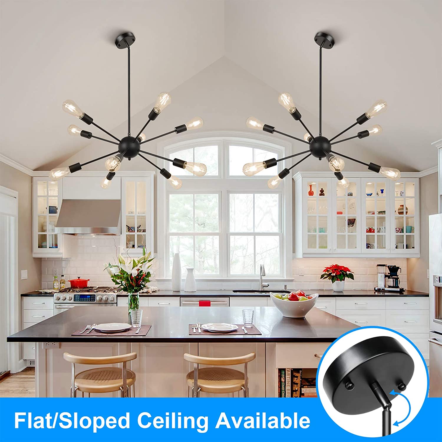 Maxvolador Sputnik Chandeliers 10-Light, Modern Pendant Lighting, Metal Ceiling Light Fixture Adjustable Height, Industrial Vintage Hanging Pendant Light for Kitchen Island Dining Room，Black