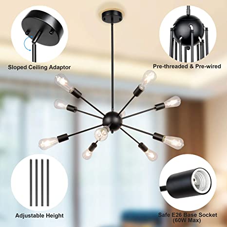 Maxvolador Sputnik Chandeliers 10-Light, Modern Pendant Lighting, Metal Ceiling Light Fixture Adjustable Height, Industrial Vintage Hanging Pendant Light for Kitchen Island Dining Room，Black，Installation Notes